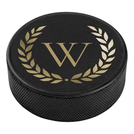 Elegant Black Gold Laurel Wreater Monogram Hockey Puck (3/4)