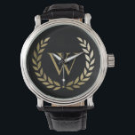 Elegant Black Gold Laurel Wreater Monogram Horloge<br><div class="desc">Deze elegante gepersonaliseerde horloge is voorzien van een faux gouden monogram met een gouden laurel op een eenvoudige zwarte achtergrond. Ontworpen door Susan Coffey.</div>