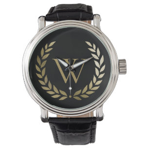 Elegant Black Gold Laurel Wreater Monogram Horloge