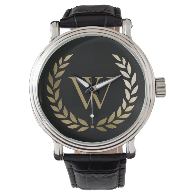 Elegant Black Gold Laurel Wreater Monogram Horloge (Voorkant)