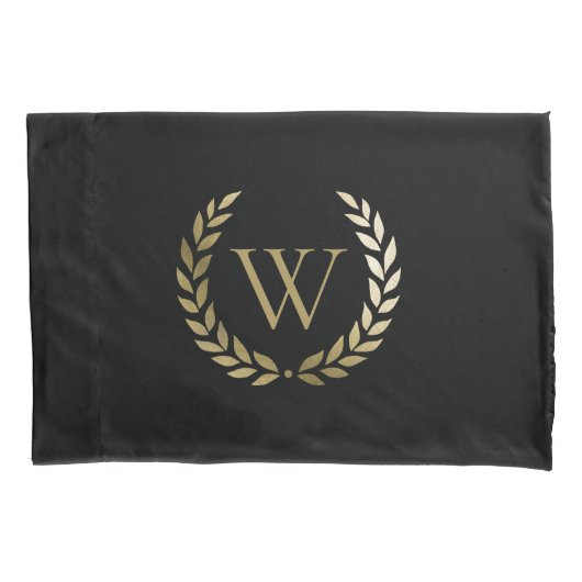 Elegant Black Gold Laurel Wreater Monogram Kussensloop (Voorkant)
