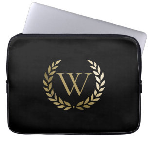 Elegant Black Gold Laurel Wreater Monogram Laptop Sleeve