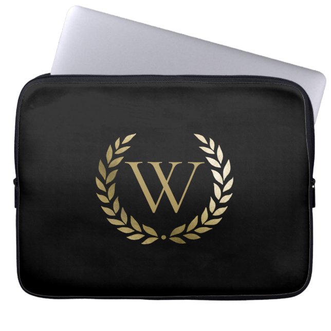 Elegant Black Gold Laurel Wreater Monogram Laptop Sleeve (Voorkant)