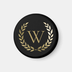 Elegant Black Gold Laurel Wreater Monogram Magneet