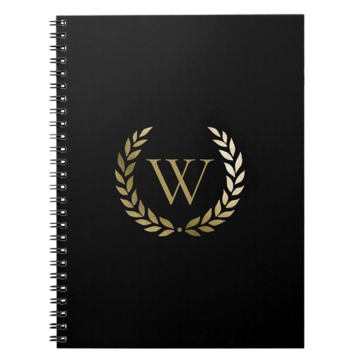 Elegant Black Gold Laurel Wreater Monogram Notitieboek (Voorkant)