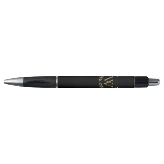 Elegant Black Gold Laurel Wreater Monogram Pen (Voorkant)