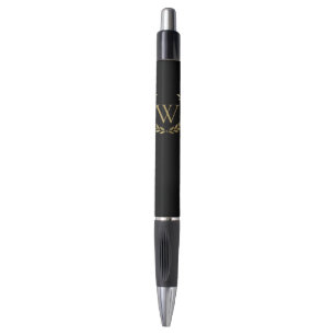 Elegant Black Gold Laurel Wreater Monogram Pen