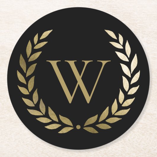 Elegant Black Gold Laurel Wreater Monogram Ronde Kartonnen Onderzetter (Voorkant)
