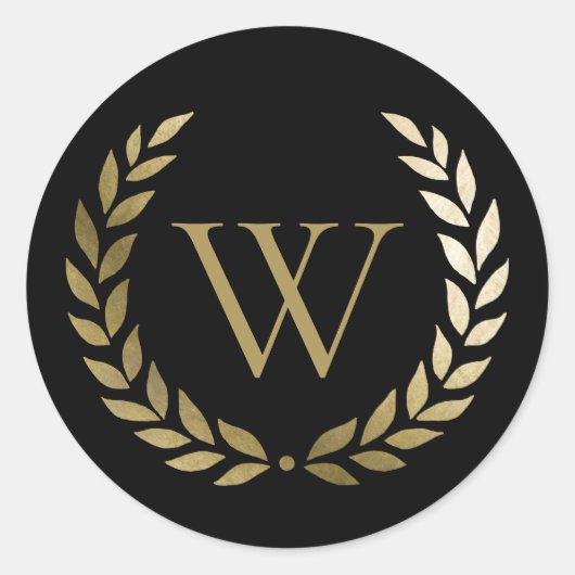 Elegant Black Gold Laurel Wreater Monogram Ronde Sticker (Voorkant)