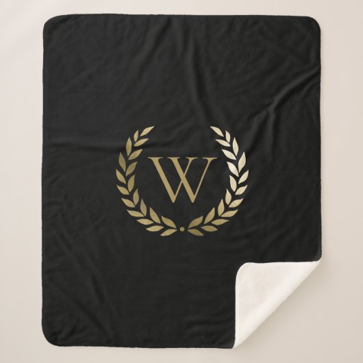 Elegant Black Gold Laurel Wreater Monogram Sherpa Deken (Voorkant)