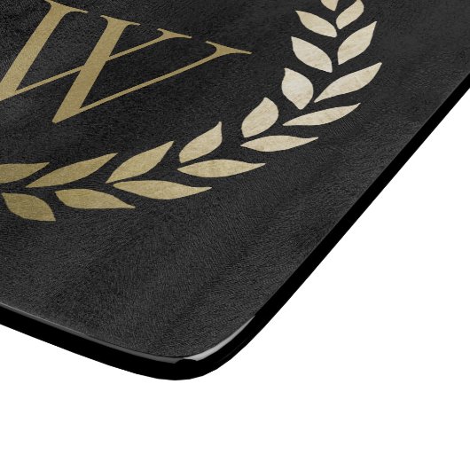 Elegant Black Gold Laurel Wreater Monogram Snijplank (Hoek)
