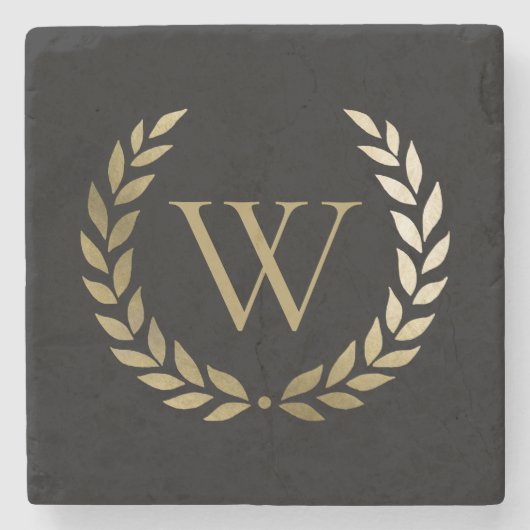 Elegant Black Gold Laurel Wreater Monogram Stenen Onderzetter (Voorkant)