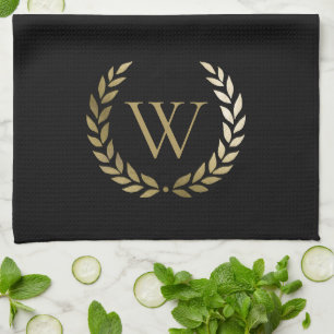 Elegant Black Gold Laurel Wreater Monogram Theedoek