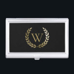 Elegant Black Gold Laurel Wreater Monogram Visitekaarthouder<br><div class="desc">Dit elegante visitekaartje hoesje bevat uw monogram in faux goud dat is omgeven door een bijbehorende goudlaurel op een zwarte achtergrond. Ontworpen door Susan Coffey.</div>