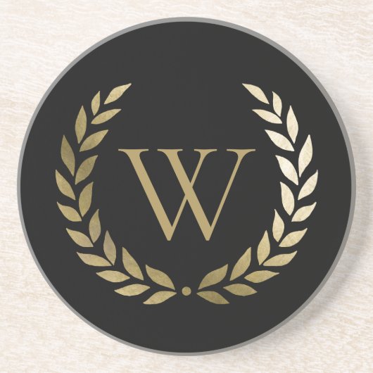 Elegant Black Gold Laurel Wreater Monogram Zandsteen Onderzetter (Voorkant)