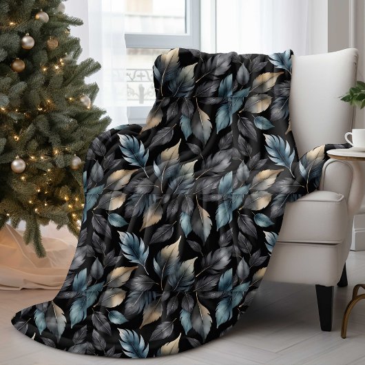 Elegant Black & Gold Leaf Botanical Throw Blanket Fleece Deken