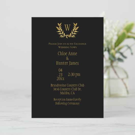 Elegant Black Gold Leaf Chic Monogram Weddenschap Kaart (Staand voorkant)