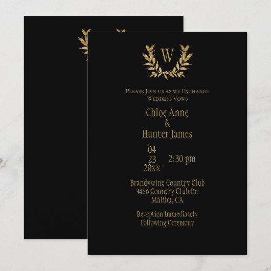 Elegant Black Gold Leaf Chic Monogram Weddenschap Kaart (Voorkant / Achterkant)