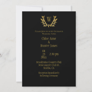 Elegant Black Gold Leaf Chic Monogram Weddenschap Kaart