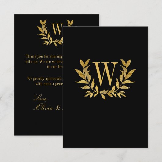 Elegant Black Gold Leaf Modern Chic Wedding Bedankkaart (Voorkant / Achterkant)