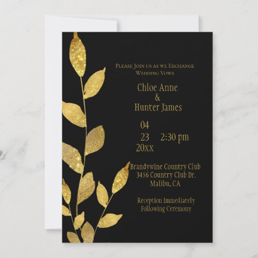 Elegant Black Gold Leaf Modern Chic Wedding Kaart (Voorkant)