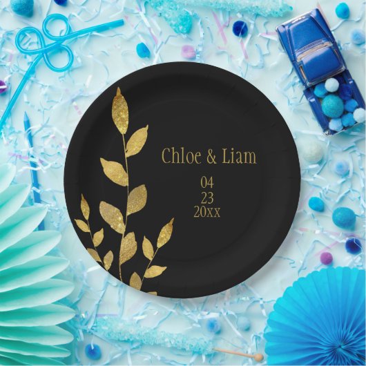 Elegant Black Gold Leaf Modern Chic Wedding Papieren Bordje (Feest)