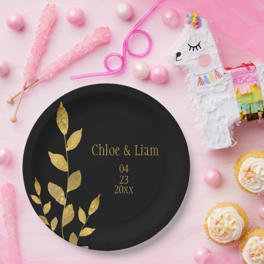 Elegant Black Gold Leaf Modern Chic Wedding Papieren Bordje (Feest)