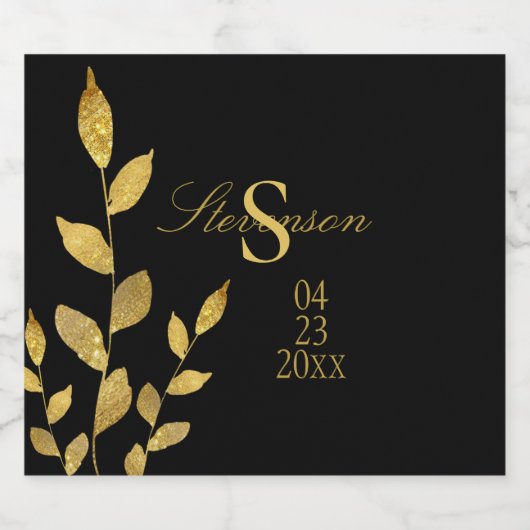 Elegant Black Gold Leaf Modern Monogram Weddenscha Sparkling Wijnetiket (Enkel label)