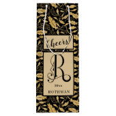 Elegant Black & Gold Leaf Pattern Monogram R Wijn Cadeautas (Achterkant)