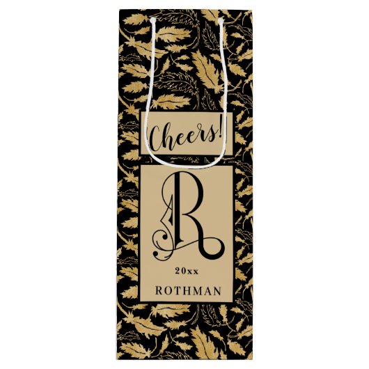 Elegant Black & Gold Leaf Pattern Monogram R Wijn Cadeautas (Voorkant)
