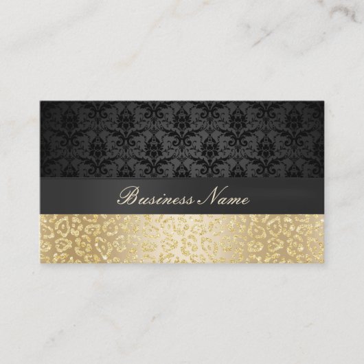 Elegant Black & Gold Leopard Print Damask Visitekaartje (Voorkant)