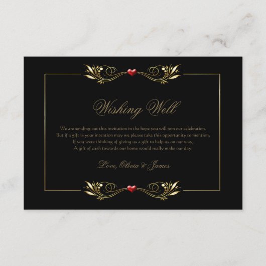Elegant Black Gold Lijst Red Heart Wishing well Informatiekaartje (Voorkant)