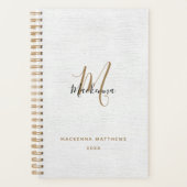 Elegant Black Gold Linen Modern Monogram Naam Planner (Voorkant)