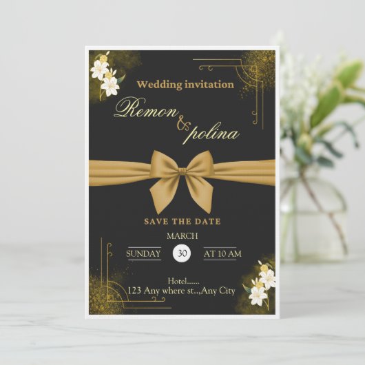Elegant Black & Gold Luxury Wedding Invitation Kaart (Staand voorkant)
