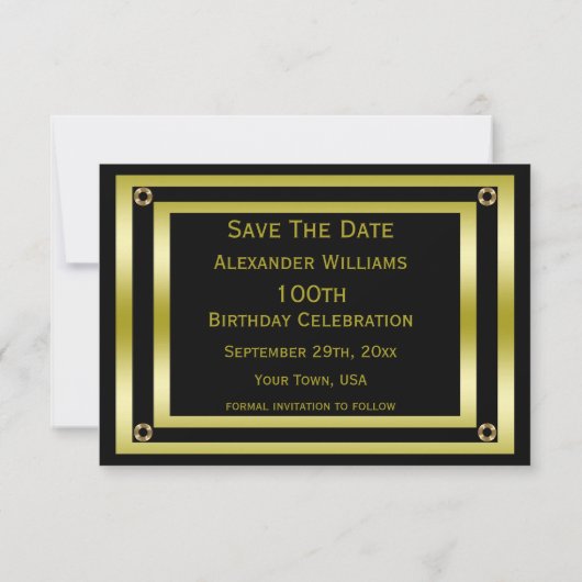 Elegant Black & Gold Man, 100e opslagdatum Save The Date (Achterkant)