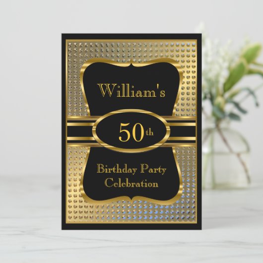 Elegant Black Gold Mannen Birthday Party Invitatio Kaart (Staand voorkant)