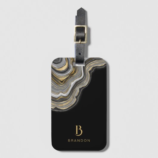 Elegant Black Gold Marble Monogram Bagagelabel (Voorkant (verticaal))