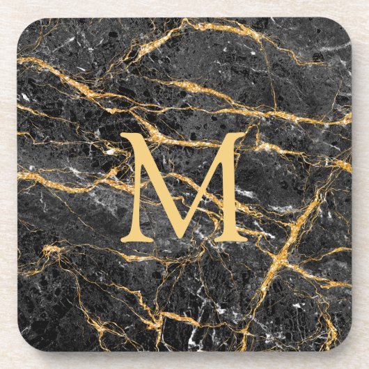 Elegant Black Gold Marble Monogram Bier Onderzetter (Voorkant)