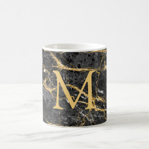 Elegant Black Gold Marble Monogram Koffiemok