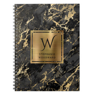 Elegant Black Gold Marble Monogram Notitieboek