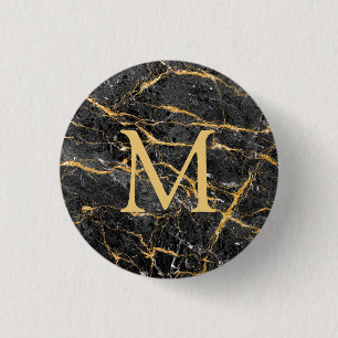 Elegant Black Gold Marble Monogram Ronde Button 3,2 Cm