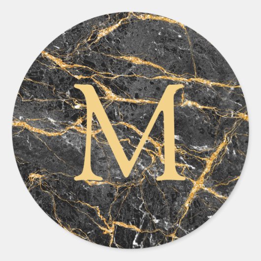 Elegant Black Gold Marble Monogram Ronde Sticker (Voorkant)