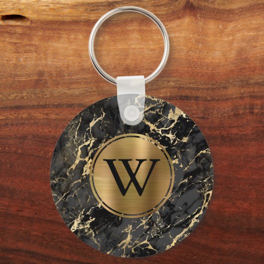 Elegant Black Gold Marble Monogram Sleutelhanger (Voorkant)