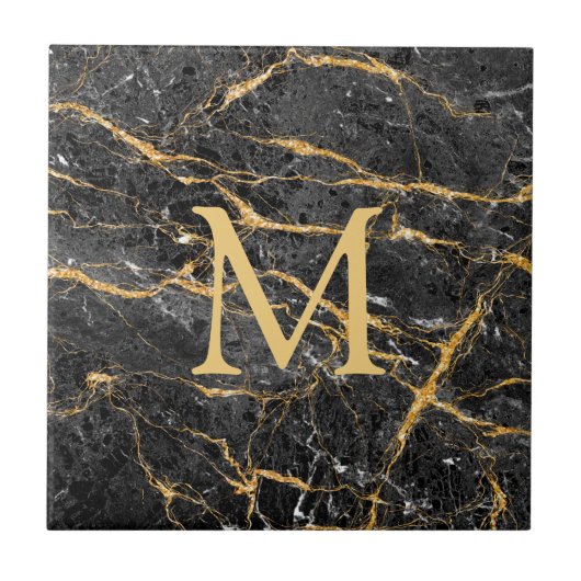 Elegant Black Gold Marble Monogram  Tegeltje (Voorkant)