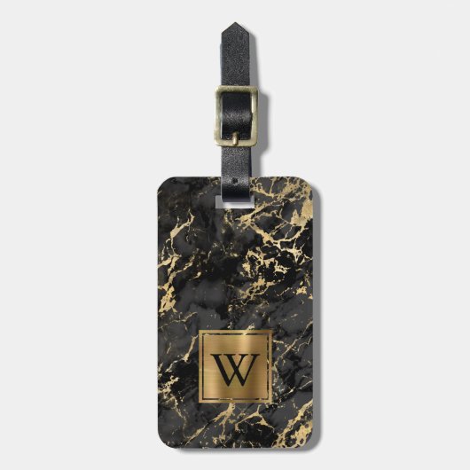 Elegant Black Gold Marble Monogram Verticaal Bagagelabel (Voorkant verticaal)