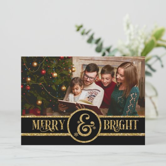 Elegant Black Gold Merry en heldere kerstfoto's Feestdagenkaart (Staand voorkant)