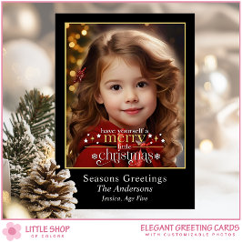 Elegant Black Gold Merry Little Christmas Photo Feestdagenkaart