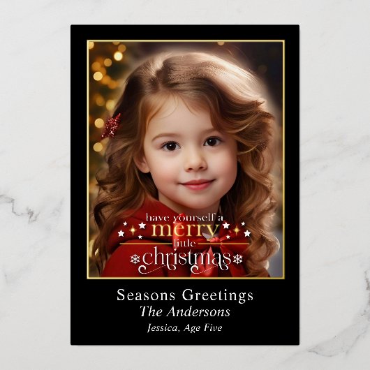 Elegant Black Gold Merry Little Christmas Photo Folie Feestdagenkaart (Voorkant)