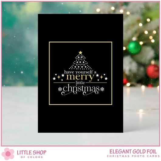Elegant Black Gold Merry Little Christmas Photo Folie Feestdagenkaart