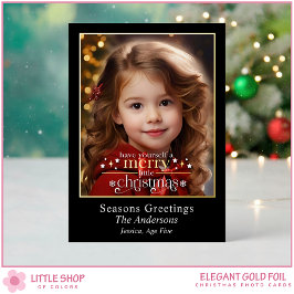Elegant Black Gold Merry Little Christmas Photo Folie Feestdagenkaart
